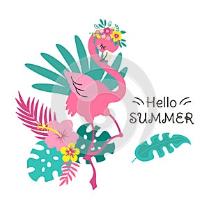 Summer flamingo. Beautiful summer t-shirt art print. Apparel graphic design, tropical pink bird and exotic palm leaves