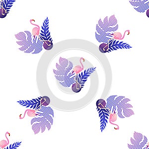 Summer flamingo seamless pattern with tropical leaves