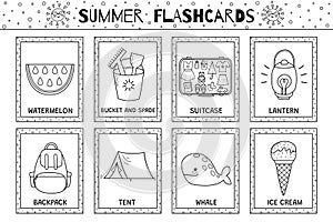 Summer flashcards black and white collection for kids. Flash cards set