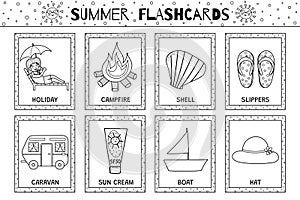 Summer flashcards black and white collection for kids. Vacations flash cards set