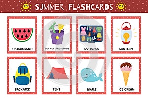 Summer flashcards collection for kids. Flash cards set with cute characters