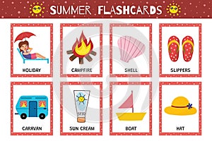 Summer flashcards collection for kids. Flash cards set with cute characters