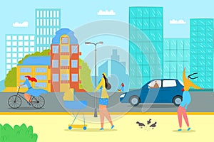 Summer at flat city street, vector illustration. Man woman people character at urban outdoor road, walk in park design