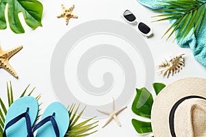 Summer flat lay background on white.