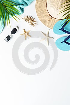 Summer flat lay background on white.