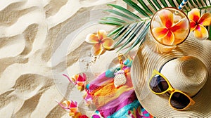 Summer flat lay featuring sunglasses, a straw hat, a colorful beach towel, and a tropical cocktail on a sandy background