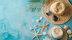 Summer flat lay with straw hat, sunglasses and beach accessories on old blue texture background Generative AI