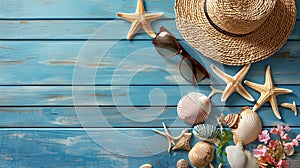Summer flat lay with straw hat, sunglasses and beach accessories on old blue wood texture background Generative AI