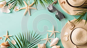 Summer flat lay with straw hat, sunglasses and beach accessories on pastel green background Generative AI