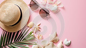 Summer flat lay with straw hat, sunglasses and beach accessories on pastel pink background Generative AI