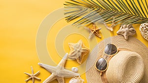 Summer flat lay with straw hat, sunglasses and beach accessories on yellow background Generative AI