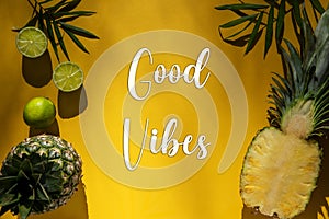 Summer Flat Lay, Tropical Pineapple, Text Good Vibes