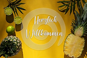 Summer Flat Lay, Tropical Pineapple, Text Willkommen Means Welcome