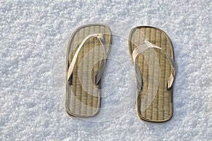 Summer flip flop sandals on the white snow