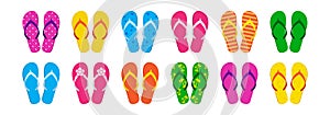 Summer flip flop vector icon, beach slipper, pool shoe, sea sandal set bright pattern, cartoon rubber footwear. Cute illustration