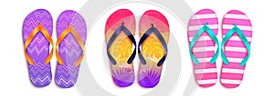 Summer flip flop vector set. Slipper footwear elements with stripes and leaves in colorful design.