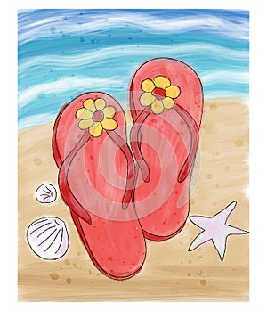 Summer flip flops in the sand on the beach.
