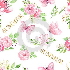 Summer flora and fauna raster seamless pattern