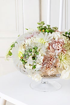 Summer floral arrangement with roses, dahlias and hortensias