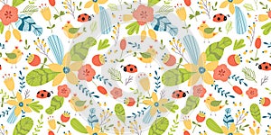 Summer floral cute insects seamless pattern. Flower leaf branch berry hand drawn elements Graphic bright illustration