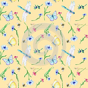Summer floral field with dragonfly and butterfly watercolor seamless pattern on beige.