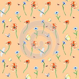 Summer floral field with dragonfly and butterfly watercolor seamless pattern on coral.