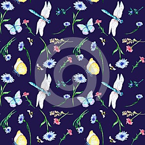Summer floral field with dragonfly and butterfly watercolor seamless pattern on dark.