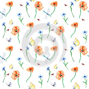 Summer floral field with dragonfly and butterfly watercolor seamless pattern on white.