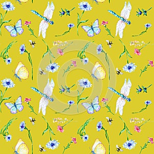Summer floral field with dragonfly and butterfly watercolor seamless pattern on yellow.
