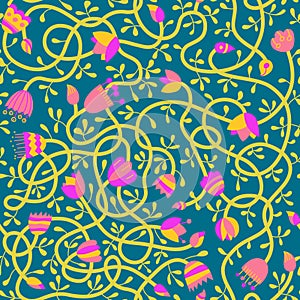 Summer floral seamless pattern with flowers and leaves. Vector doodle illustration for decor, background, textiles and cards