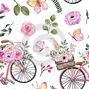 Summer floral seamless pattern. Watercolor pastel pink flowers, leaves, vintage bicycle, butterflies on white background.