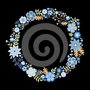 Summer floral vector round frame with cute blue flowers. Beautiful wreath isolated on black background.