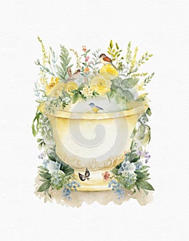 Summer flower arrangement of yellow flowers, watercolor invitation
