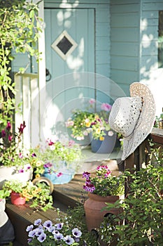 Summer flower pots and garden shed