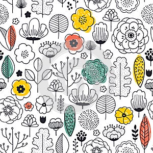 Summer flower seamless pattern. Linear graphic. florals background. Scandinavian style. Vector illustration