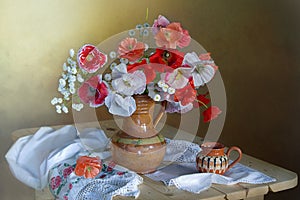 Summer flowers background.Beautiful poppies in a vase.Red Poppies in a still life .Flowers.Nature