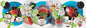 Summer flowers and berry still life mix strawberry andf blackberry on white background banner fruits and berry vitamines temp