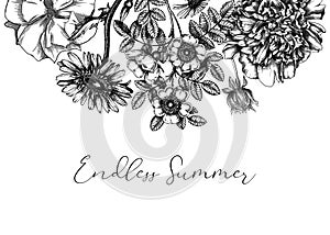 Summer flowers border in vintage style. Hand-sketched garden plants frame design. For greeting cards, wedding invites, and floral