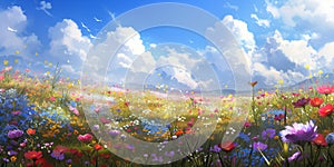 Summer flowers field, summer background. Colorful flowers field, blur focus.