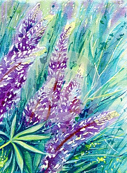 Summer flowers green purple background with patterns and watercolor stains blurring