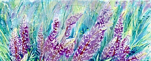 Summer flowers green purple background with patterns and watercolor stains blurring