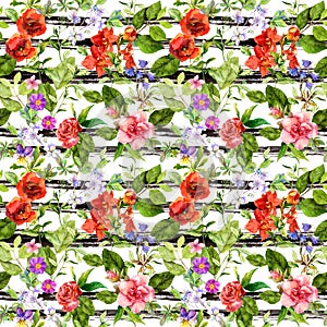 Summer flowers, meadow grass at monochrome striped background. Repeating floral pattern. Watercolor with black stripes