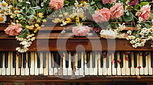 Summer flowers on the piano keyboard. Vintage wooden piano decorated with flowers