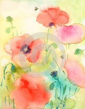 Summer Flowers Red Poppies and Bumble Bees Watercolor Illustration Hand Painted