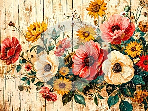 Summer Flowers on Shabby Chic Wood Background