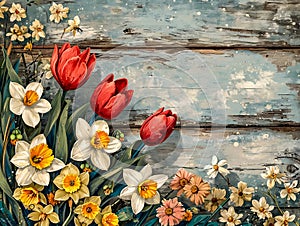 Summer Flowers on Shabby Chic Wood Background