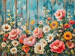 Summer Flowers on Shabby Chic Wood Background