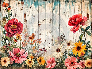 Summer Flowers on Shabby Chic Wood Background