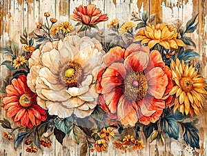 Summer Flowers on Shabby Chic Wood Background