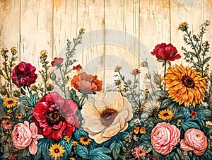 Summer Flowers on Shabby Chic Wood Background